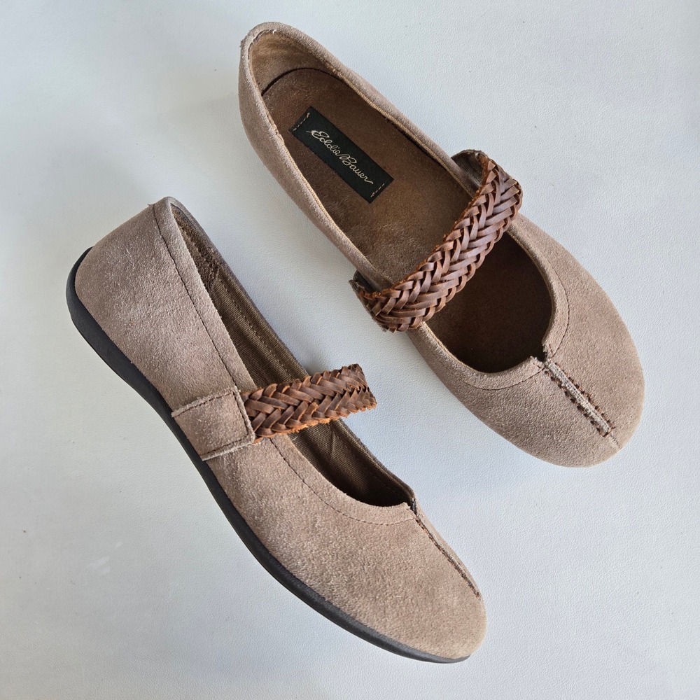 Eddie Bauer Brown Suede Leather Mary Jane Flats 8.5 Woven Strap Minimalist Boho